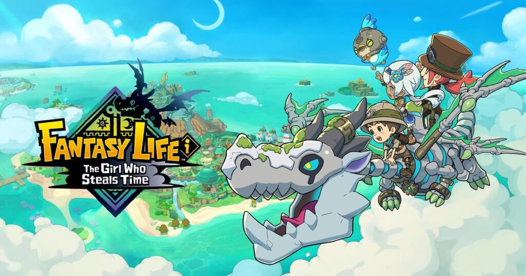 Fantasy Life i: The Girl Who Steals Time Game Logo. You see a group of people riding a dragon made of bones staring out onto an island with a town.