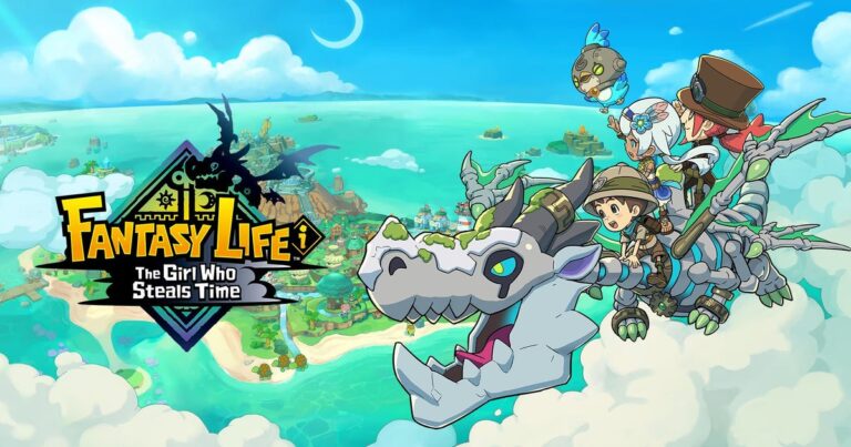 Fantasy Life i: The Girl Who Steals Time Game Logo. You see a group of people riding a dragon made of bones staring out onto an island with a town.