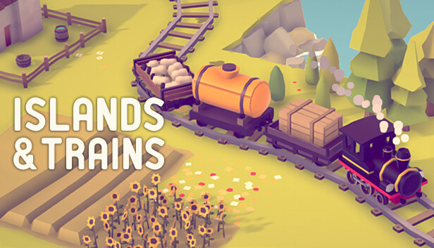 Island's & Trains Game Logo. This shows a picture of a small train running next to a small farm that has some sunflowers.