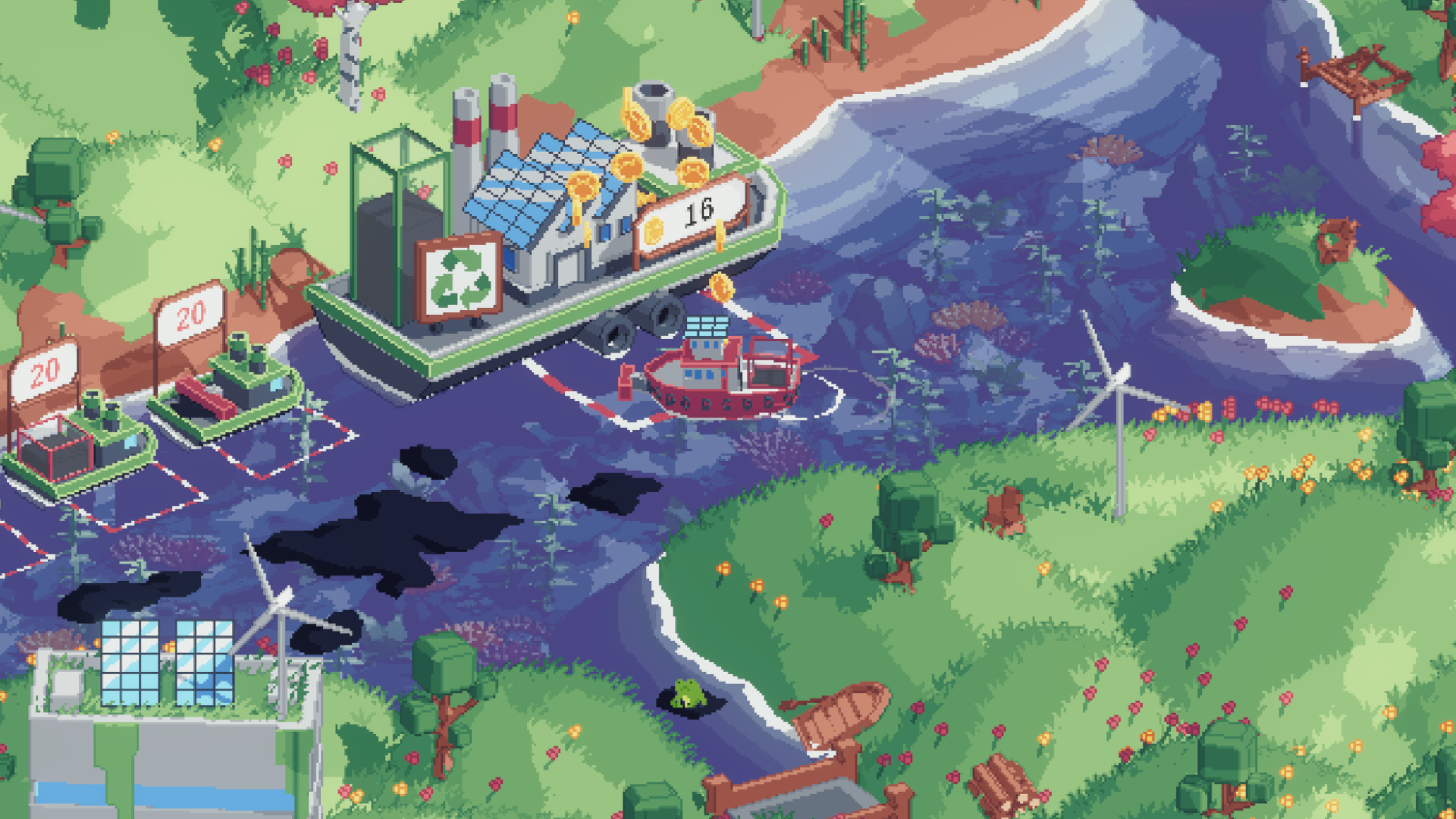 Spilled! Screenshot of the boat pushing junk into the recycling center. You also see oil spills and a sad frog.