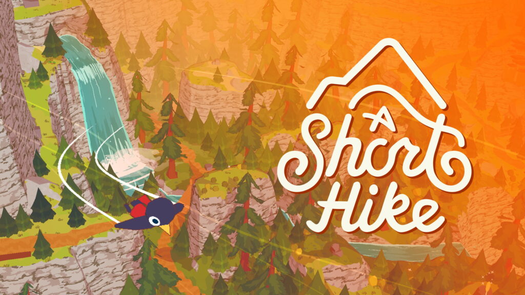 A Short Hike Game Logo. The colors are orange and green and it shows a foresty area with a waterfall and a bird flying with the wind.