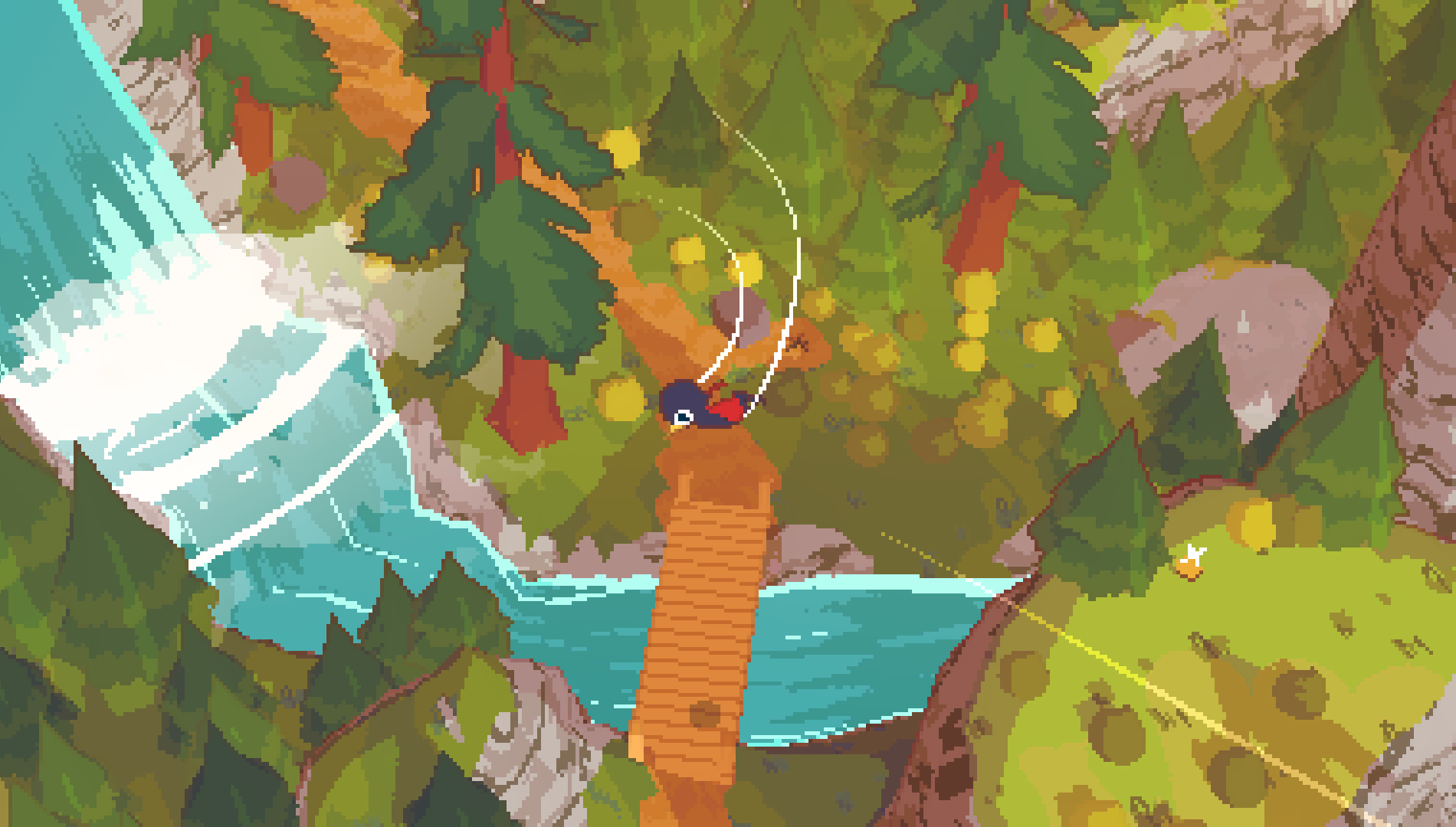 A Short Hike Screenshot where you see a bird flying over a river that has a bridge. You also see a waterfall and lots of trees.