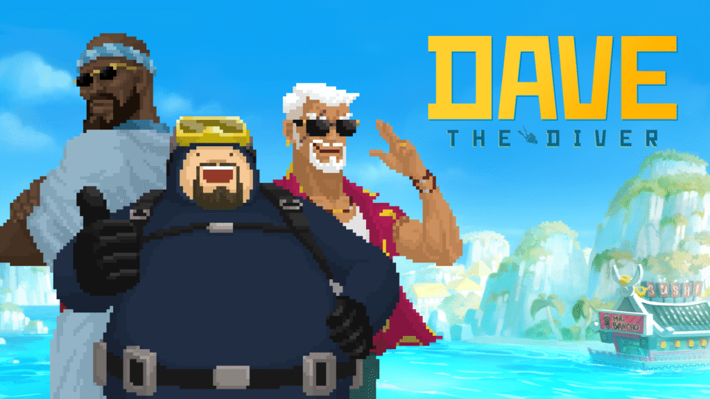 Dave the Diver Game Logo. You see 3 men standing next to each other. Dave the Diver, his friend the chef and the boat owner. In the background is the sushi restaurant and some rock formations.