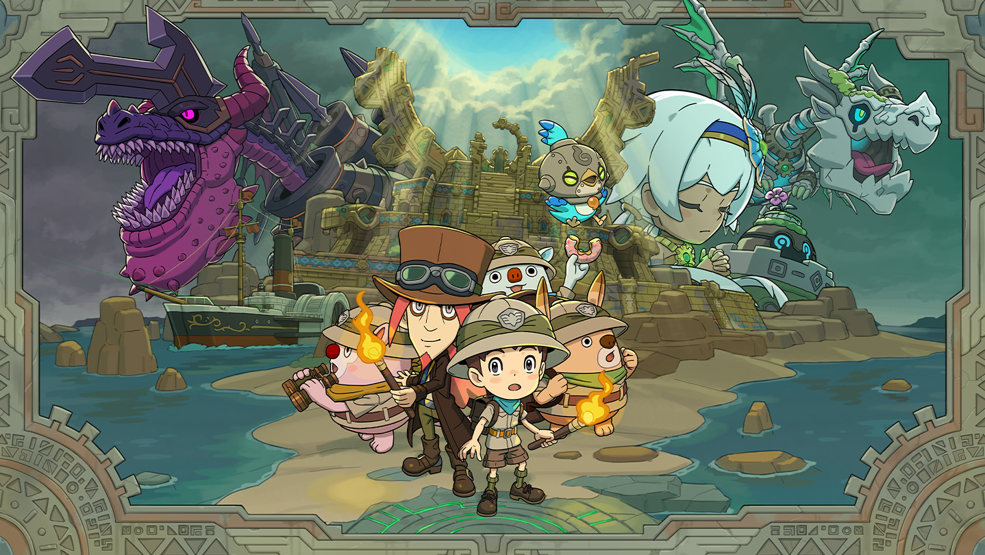 Fantasy Life i: The Girl Who Steals Time Image where you see an island with a good and bad dragon on in. You see a girl praying and a group of people with torches and explorer clothing on.