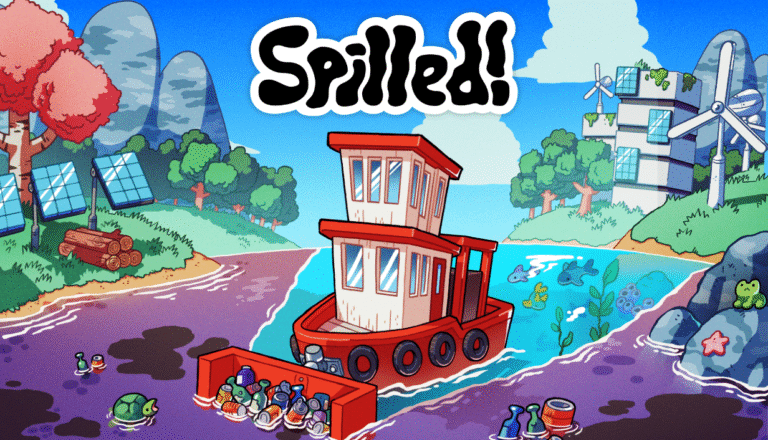 Spilled! the game logo. A small boat is catching trash in the water in front of it and behind it is a clean environment.