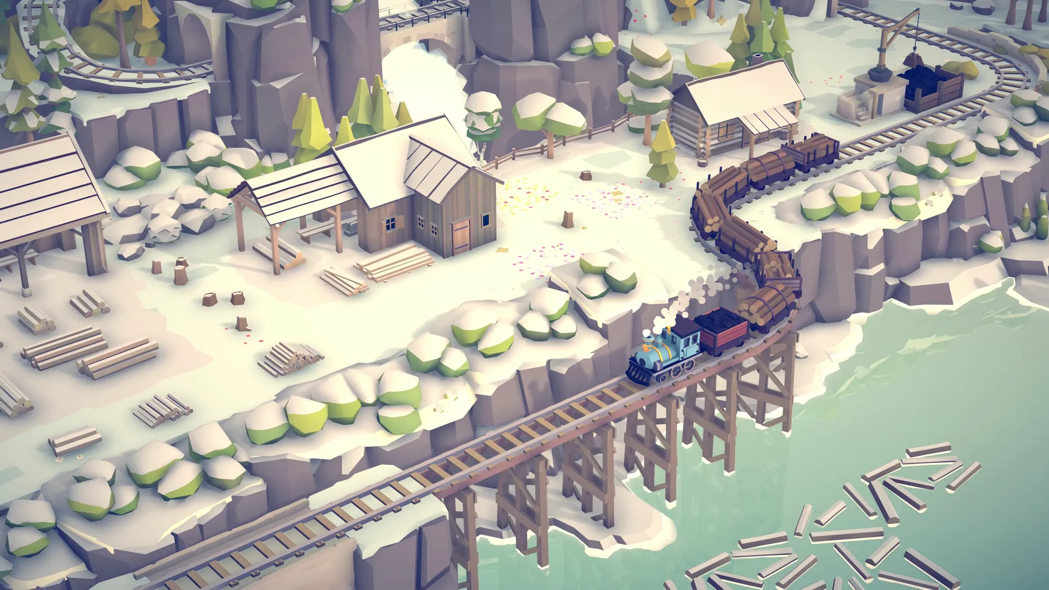 Trains & Islands screenshot of a small train carrying logs driving through a winter landscape with trees and lumber yard type buildings.